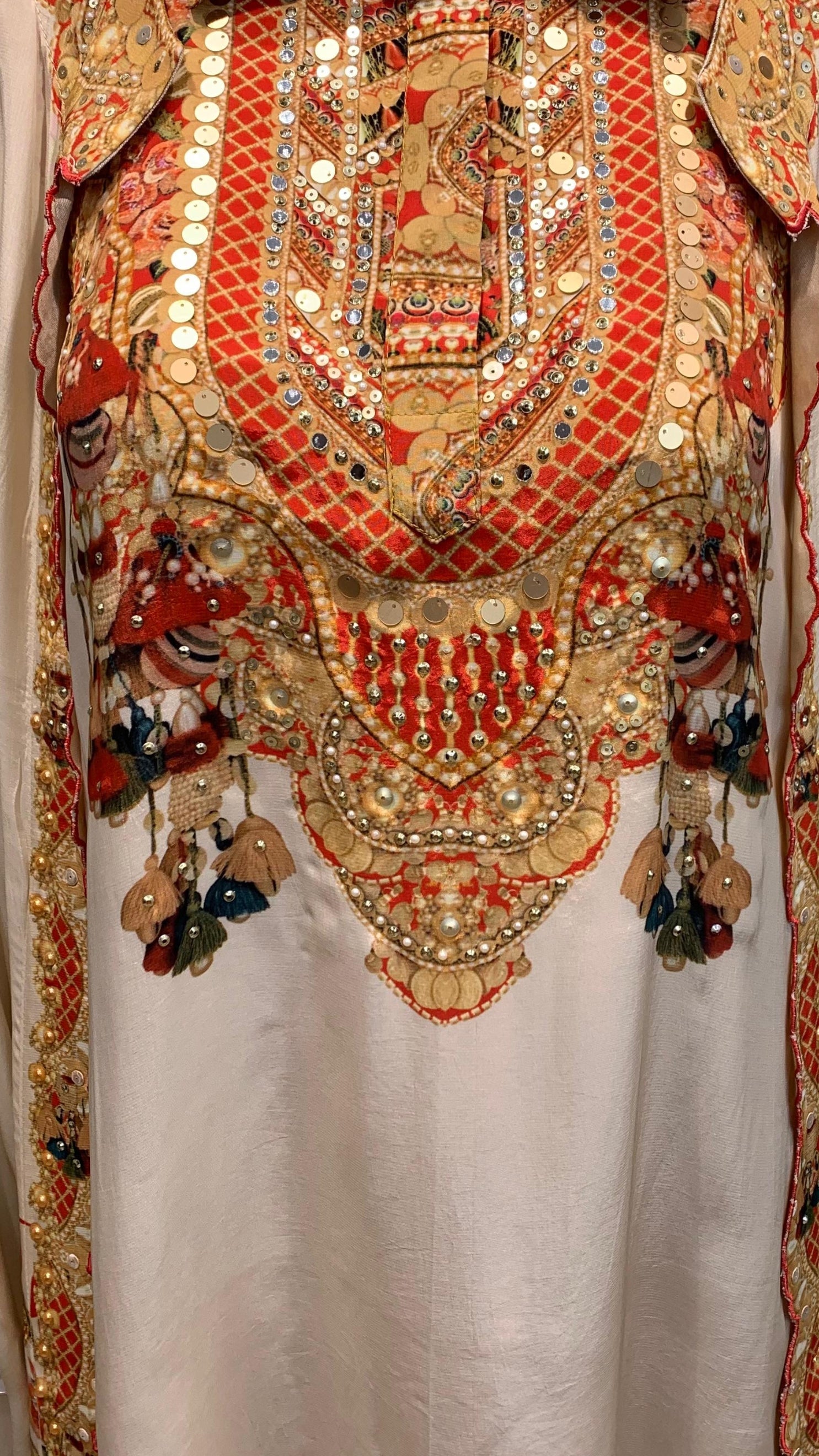 Beige & Red Digital Printed Crepe Coord Set with Cape Embellished with Pearl, Sequins & Sippi